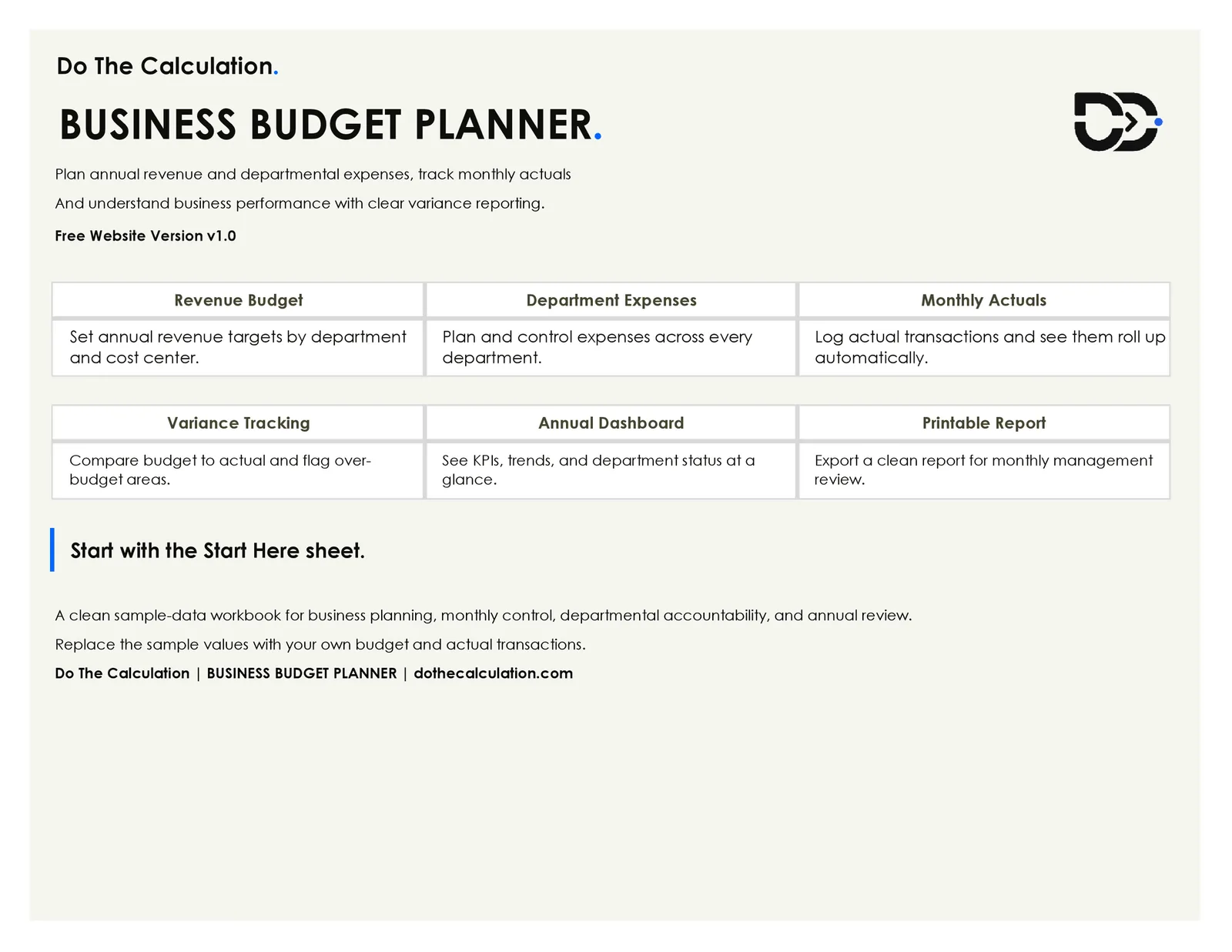 Business Budget Planner Excel template cover page listing revenue budget, department expenses, and dashboard features