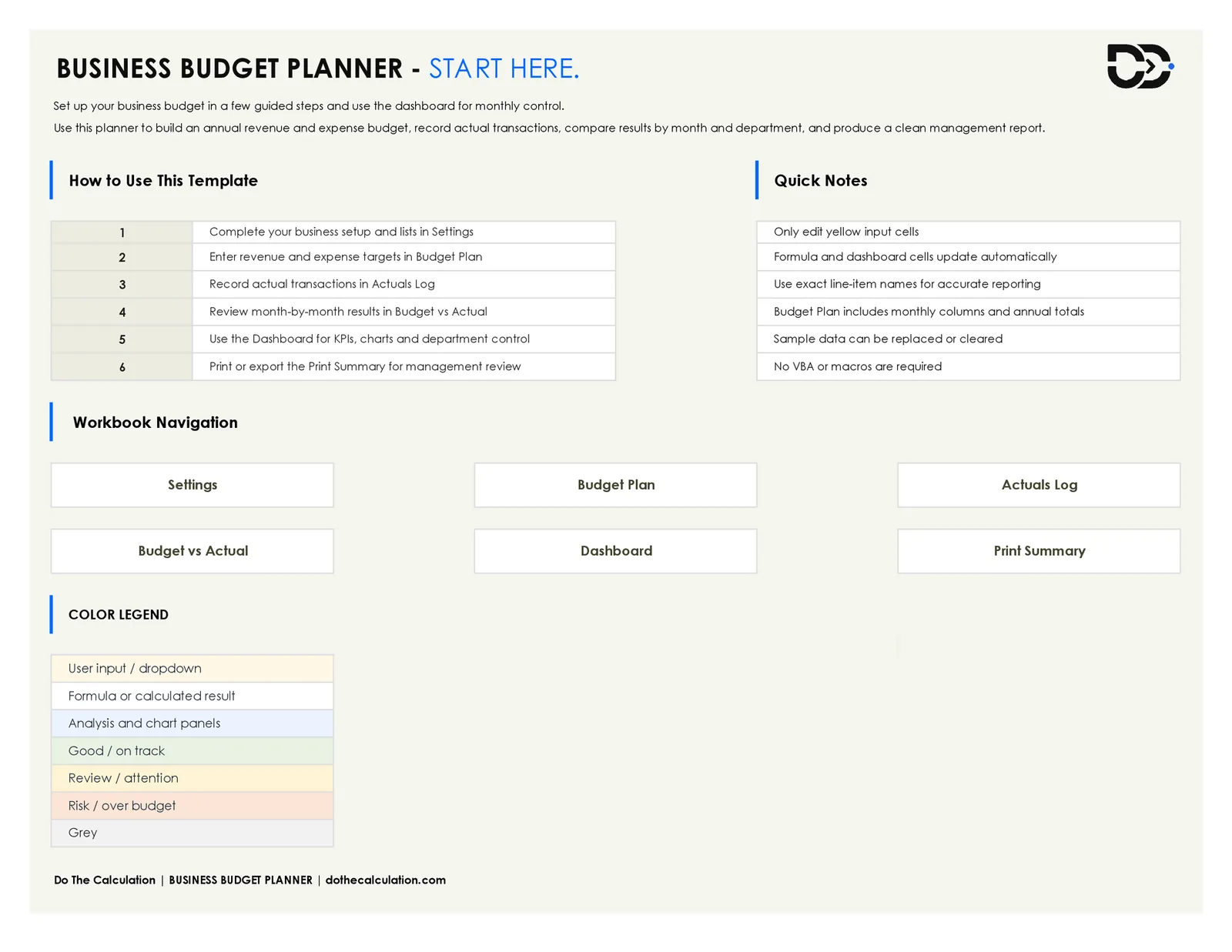 Excel workbook Start Here sheet listing setup steps and sheet navigation