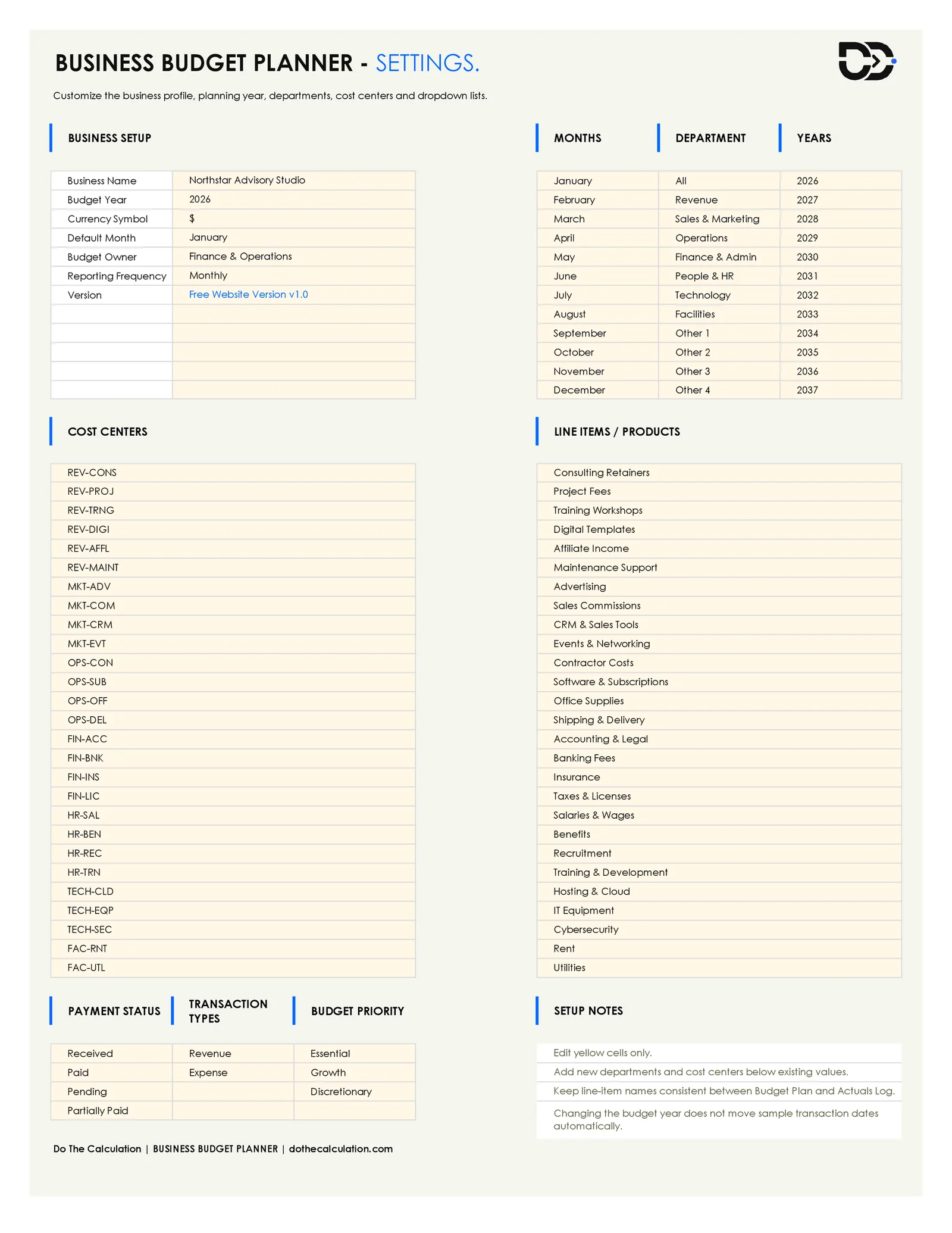 Excel Settings sheet with business setup fields and department cost center dropdown lists