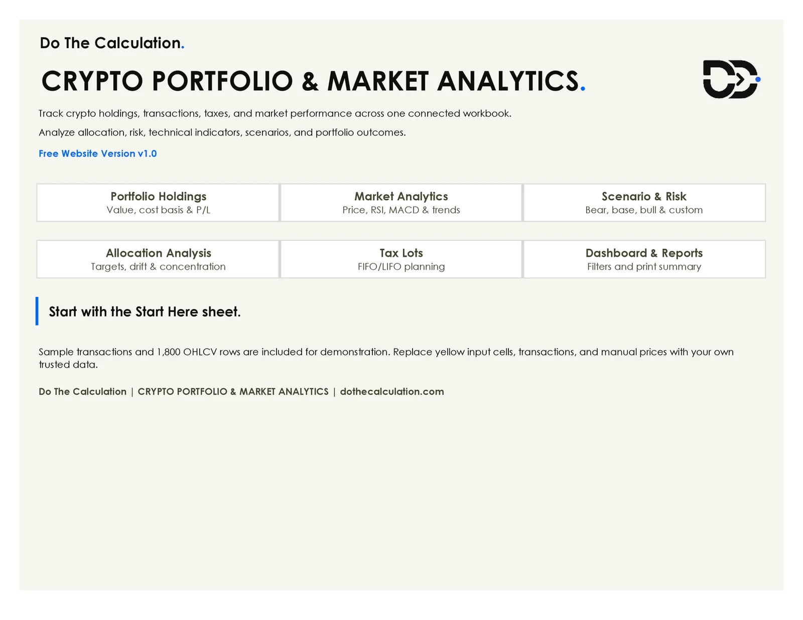 Crypto portfolio tracker Excel template cover page listing holdings, analytics, scenario, and tax lot features