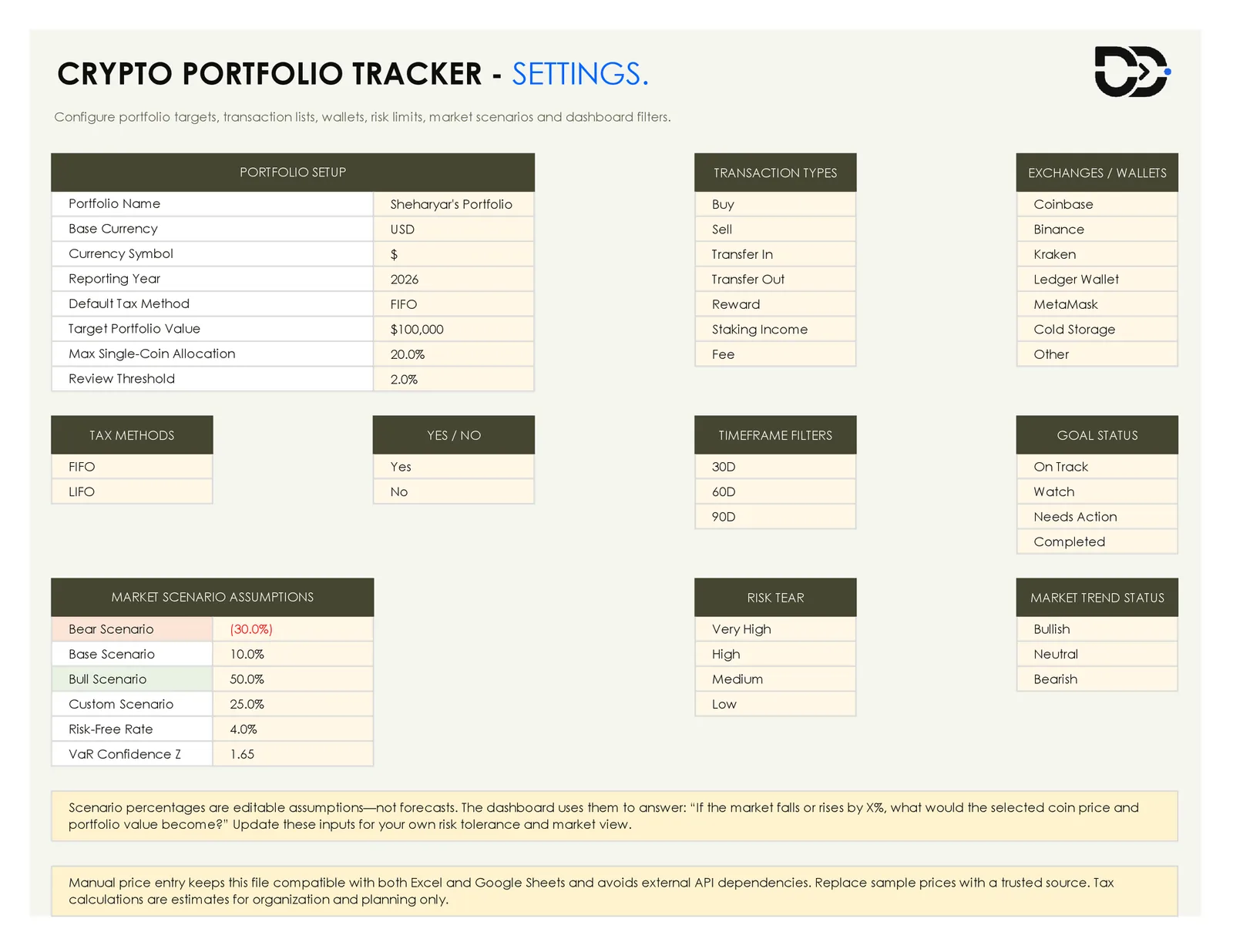 Crypto portfolio tracker settings sheet with portfolio targets, tax method, and scenario assumptions