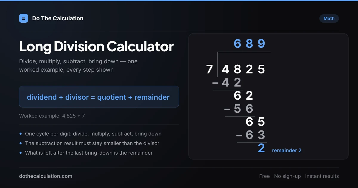 Long division worked example dividing 4,825 by 7 to give 689 with a remainder of 2, showing each divide, multiply, subtract and bring-down step in the standard long division bracket layout.