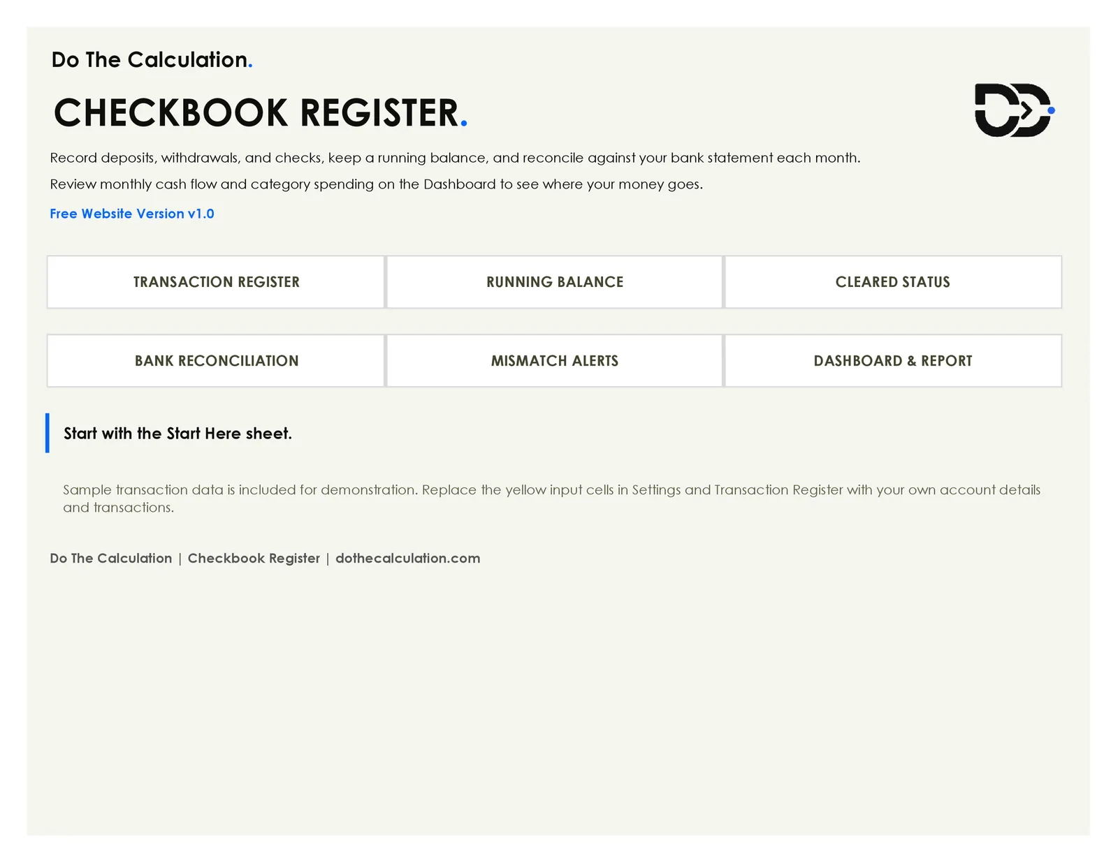 Checkbook Register Excel template cover page listing running balance, reconciliation, and dashboard features