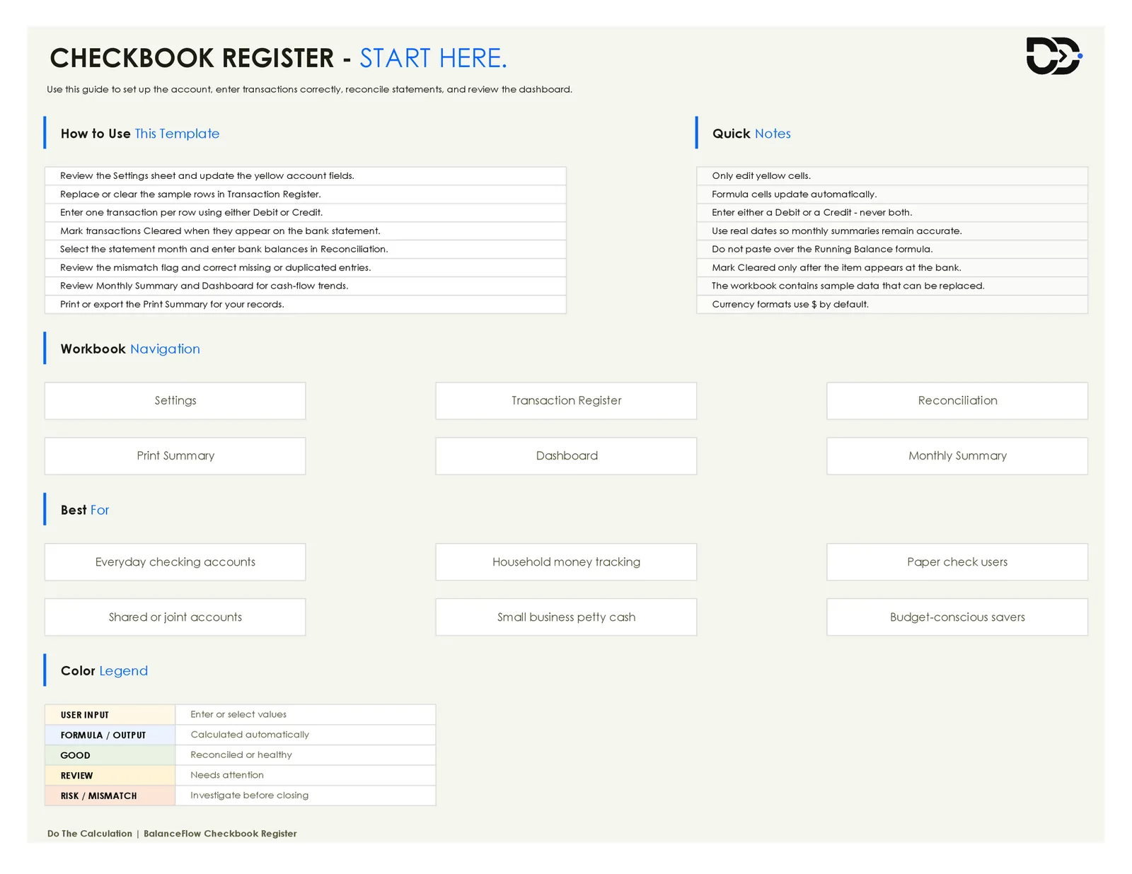 Excel checkbook register start here sheet showing setup steps and color legend