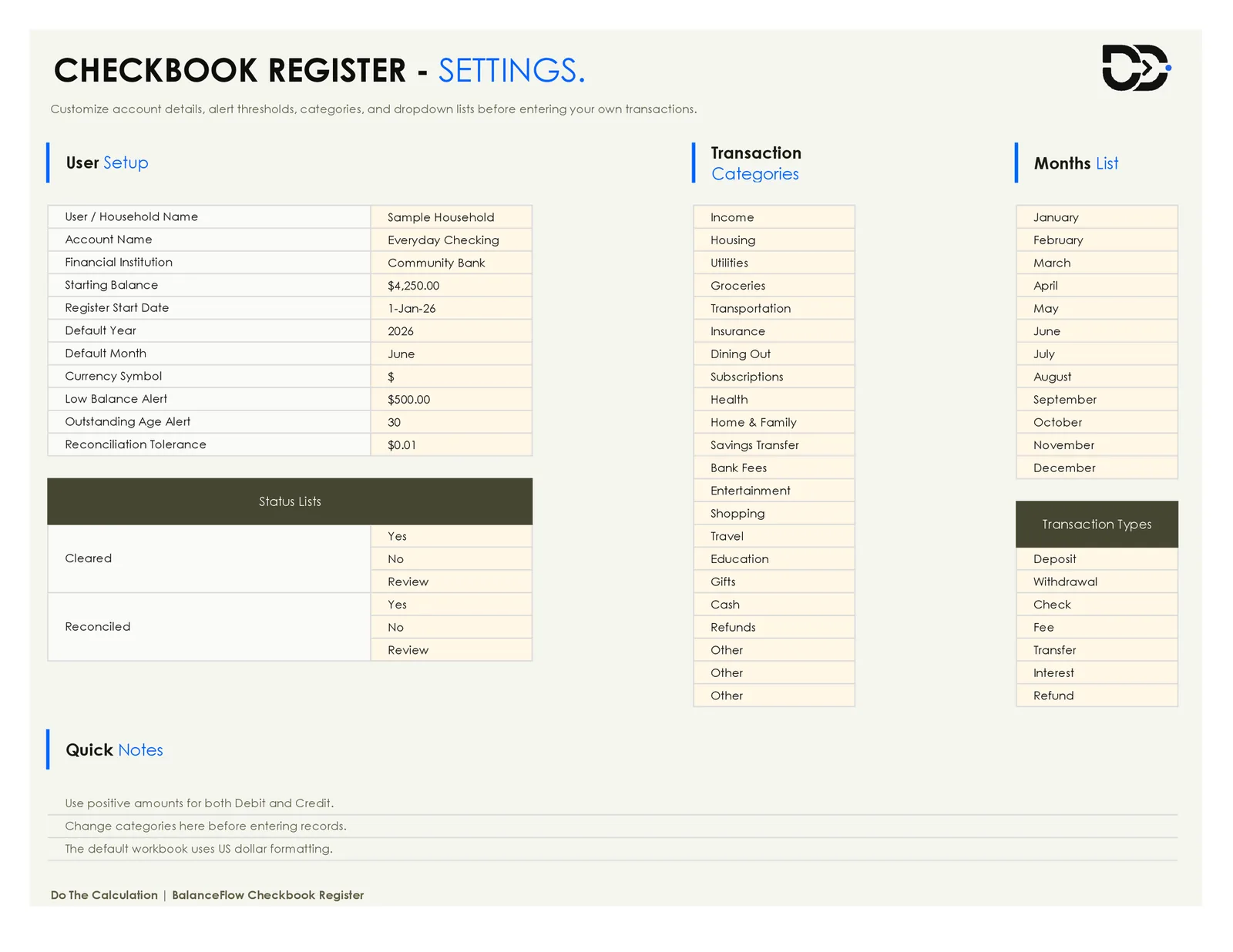 Checkbook register settings sheet with account details, categories, and transaction type lists
